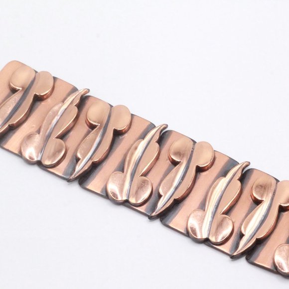 Matisse Renoir Signed Modernist Copper Link Wide Leaf Bracelet - Picture 2 of 7